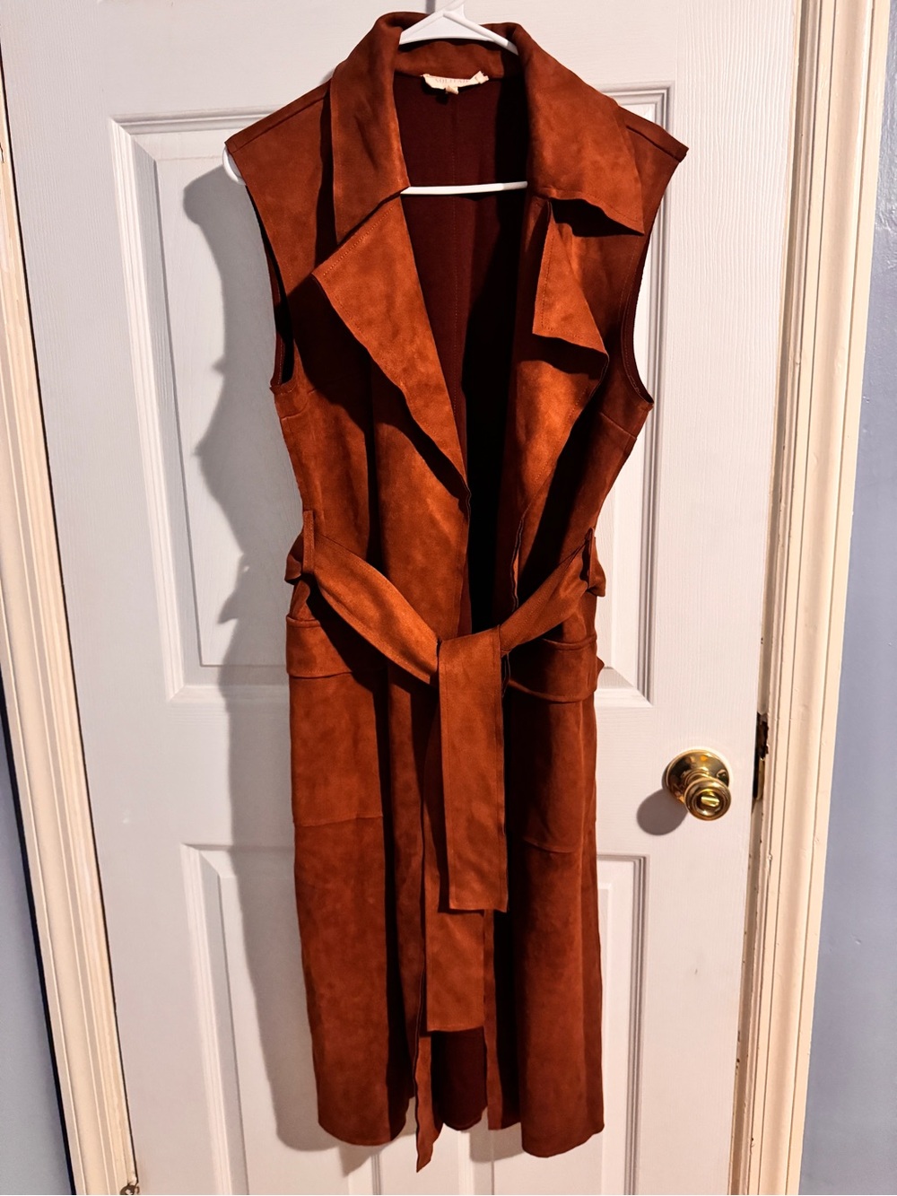 Solitaire Long Suede Belted Vest Dress in Rust